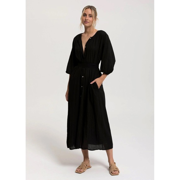 Rhythm Dresses & Skirts - Cali Dreaming Rhythm Sunchaser Midi Dress Black Shirt Dress Balloon Sleeve
